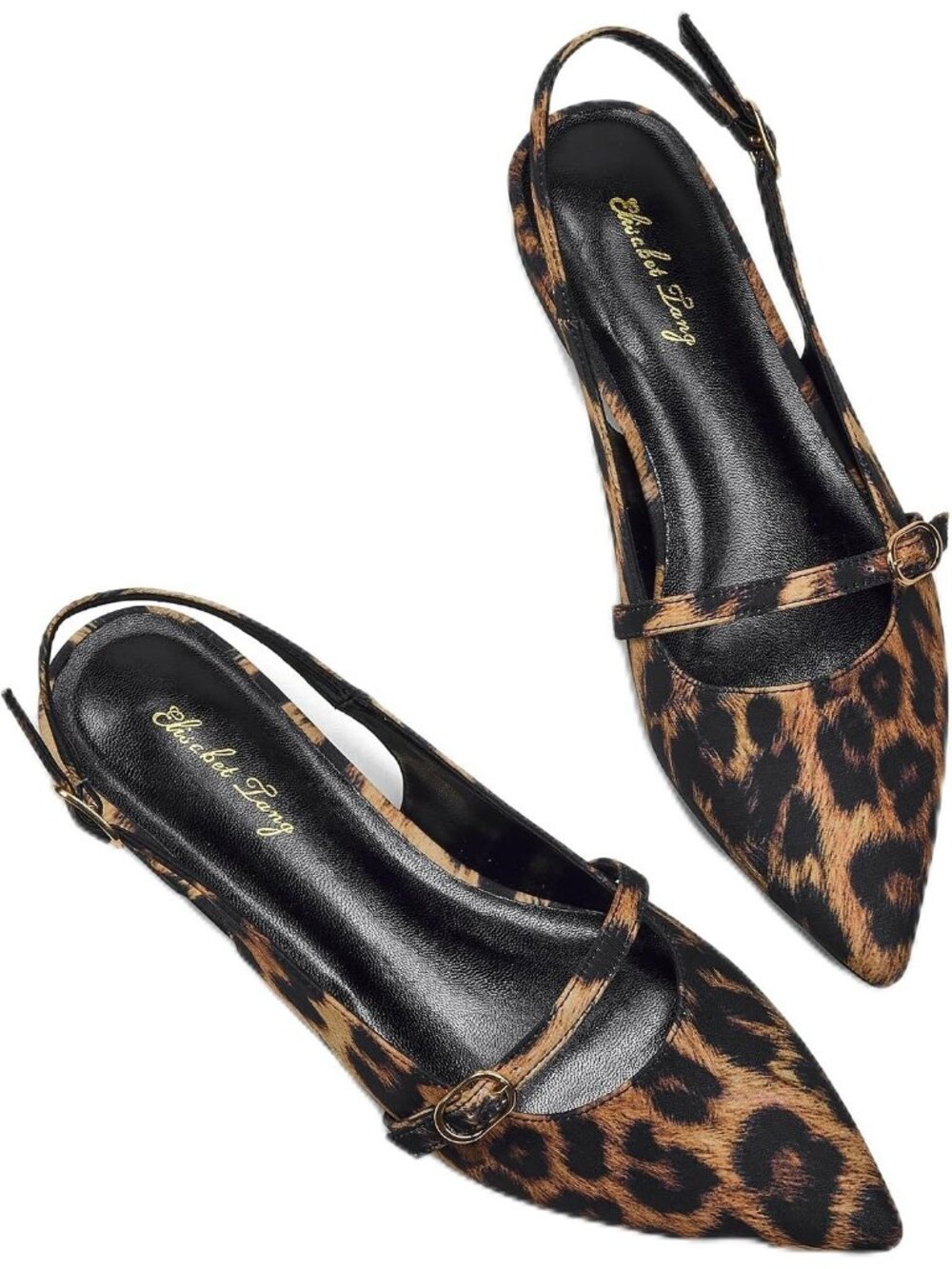 Women's Leopard Leather Slingback Flat Rhinestone Closed Pointed Toe Dress Shoes